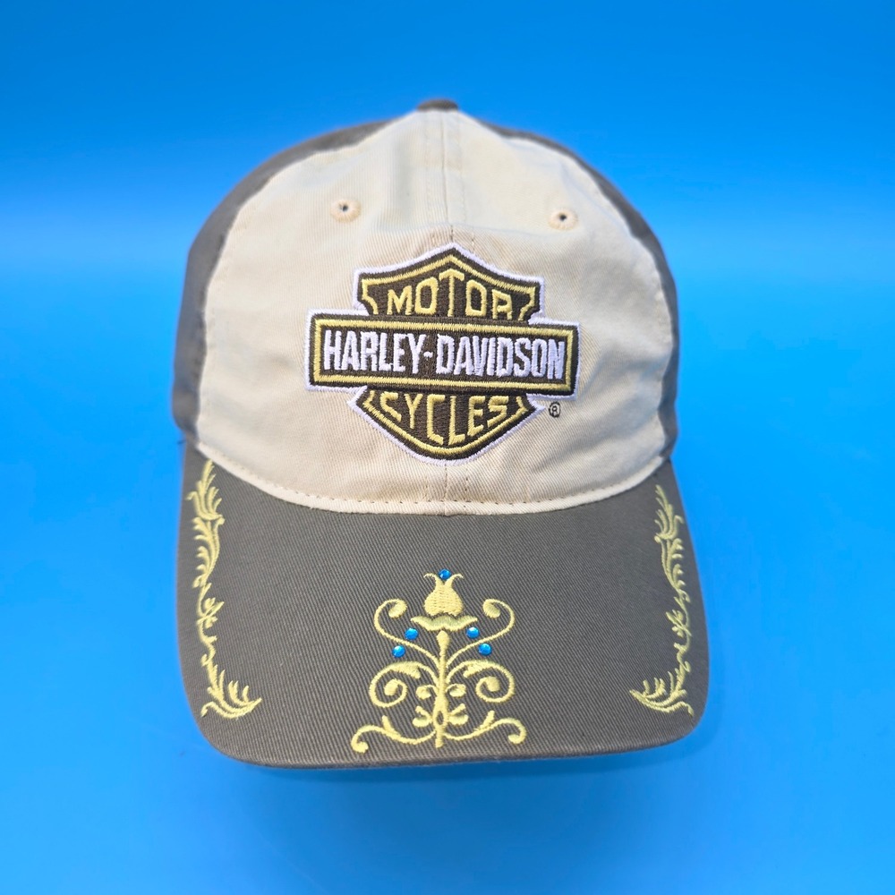 Harley-Davidson Orlando Florida Hat Green Tan Rhinestone Filigree Biker Cap
